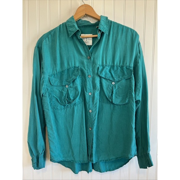 Basic first issue long sleeve shirt VTG women's teal oversized Small 100% Silk - Picture 1 of 9